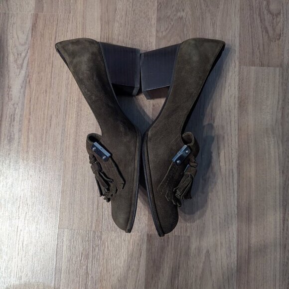 Stuart Weitzman Suede Tassel Heels | Olive Green | Loafer Style - Picture 6 of 11